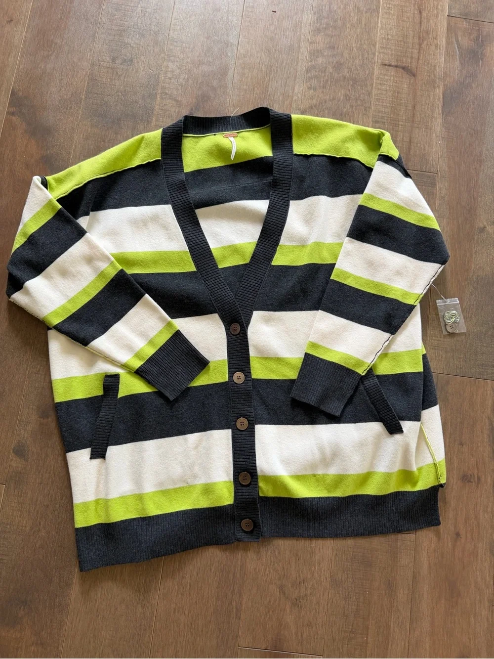 NWOT Free People A League of Her Own Striped Cardigan Carbon Lime Combo - small